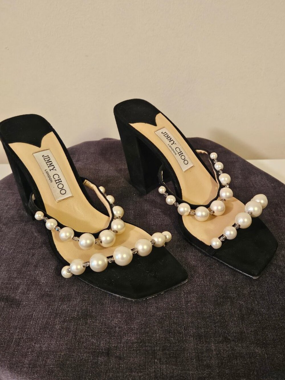 Jimmy Choo Amara 85mm Pearl Straps Suede Block Heels Mules EUC EU 38.5 US 8-8.5 - Picture 2 of 9